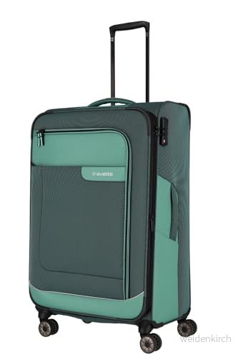 Travelite Resväska stor, hållbar, 4 rullar, VIIA, mjukt bagagevagn av återvunnet material, TSA lås, 77 cm, 91103 liter, Eukalyptus, Trolley med hjul 4027002079052