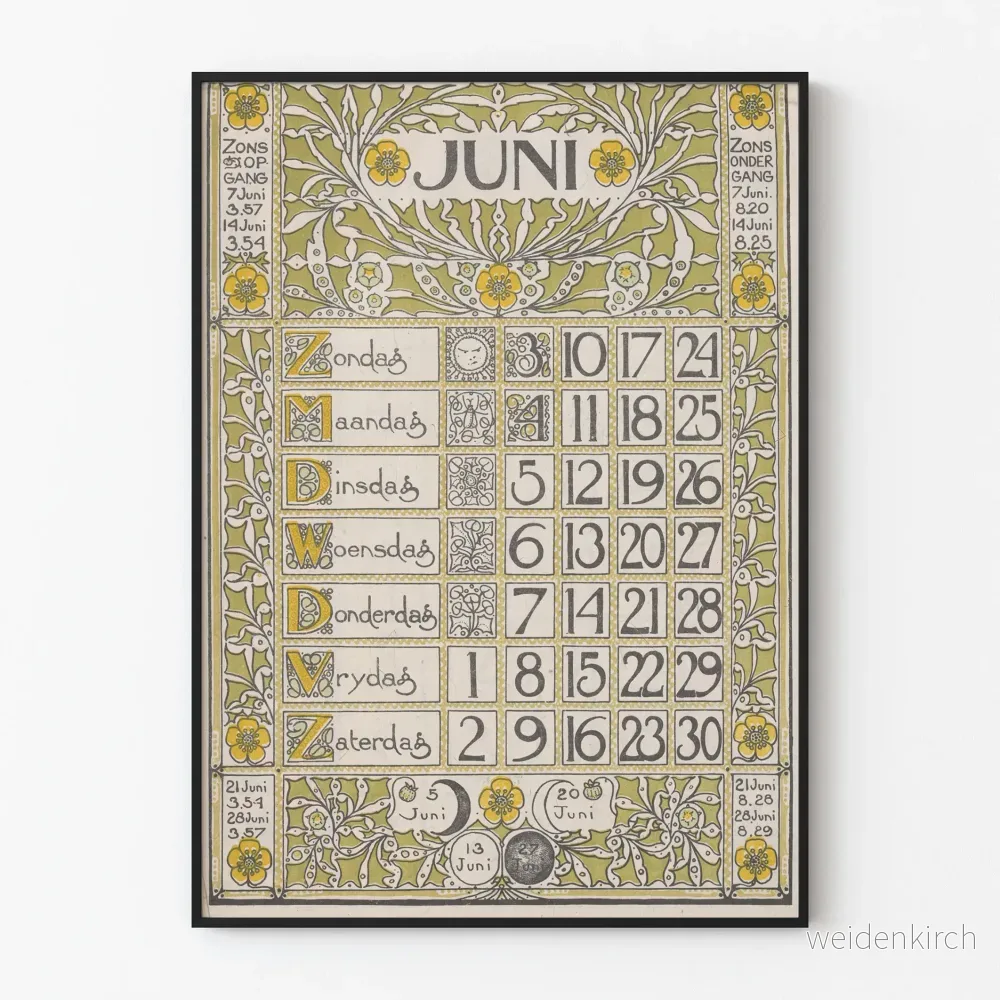 Dekorativ kalenderposter juni 1900 vintage Dekorativ kalenderposter juni 1900 vintage