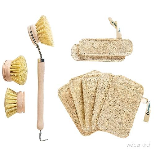Chinchilla® Set med 7 luffasvampar 1 diskborste 3 spetthuvuden hållbara disksvampar i olika Storlekar Köksborste naturfiberborst återanvändbar och hållbar 4262439550006