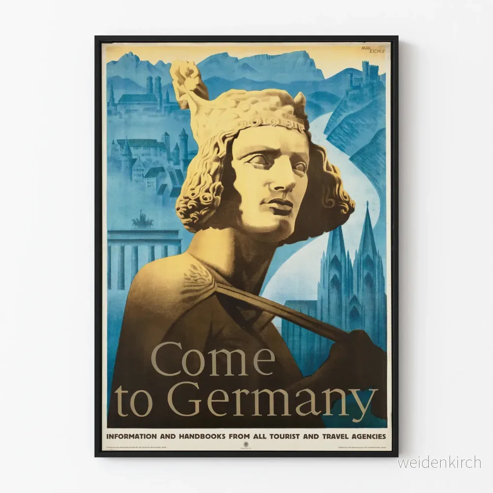 Vintageposter "Come to Germany" med staty och tysk landskap