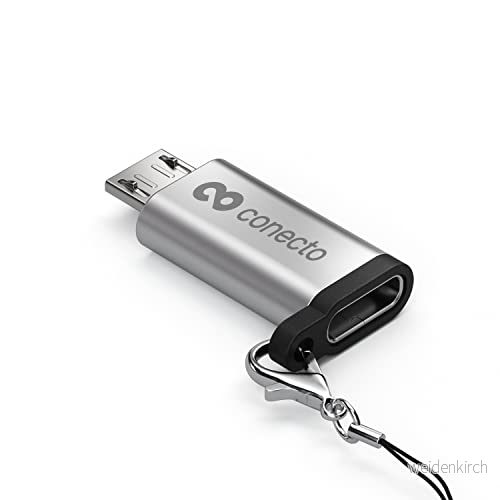 conecto, Micro USB till C adapter, OTG stöd, kompatibel med Apple enheter, ring/karbinhake ingår, aluminiumhölje, silver 4250684932050