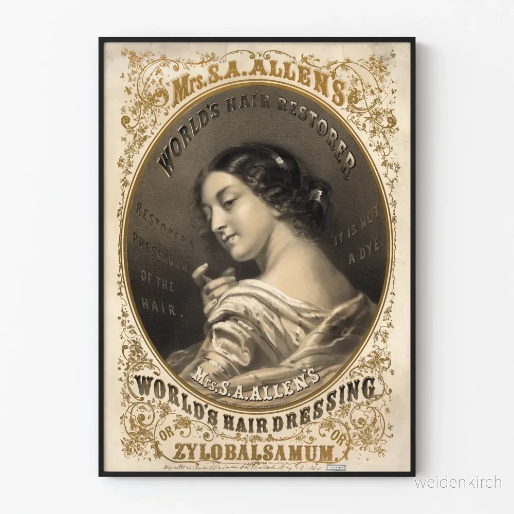 Vintageposter Mrs. S.A. Allens världshårförstärkare - Retro väggdekoration