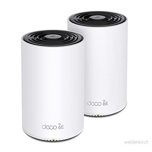 TP Link Deco XE75 Pro Wi Fi 6E Mesh WLAN set (2 pack), AXE5400 Tri band router och repeater, 2,5G port, räckvidd upp till 500 m², WPA3, perfekt för stora hus, kompatibel med Amazon Alexa, vit 4897098684986