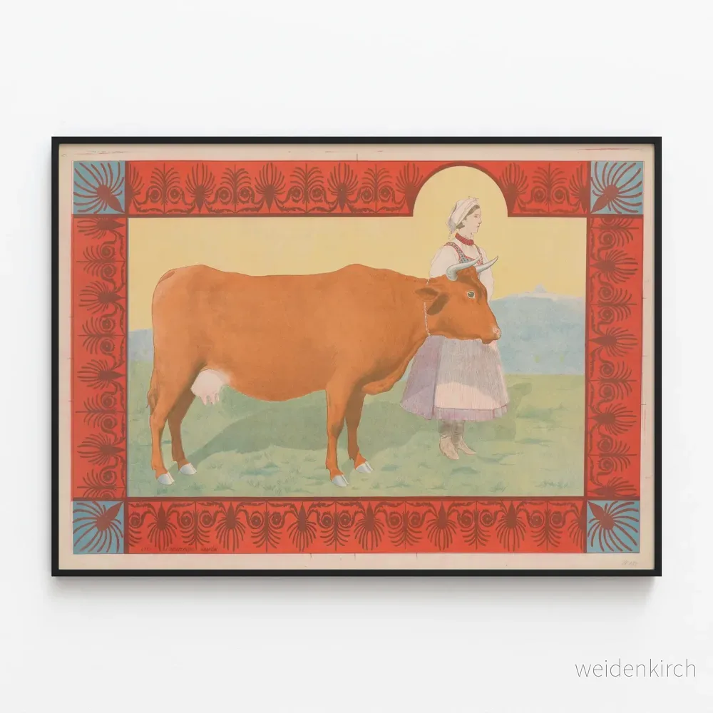 Vintage dekorativ poster Bydla Czerwonego med traditionell cowgirl