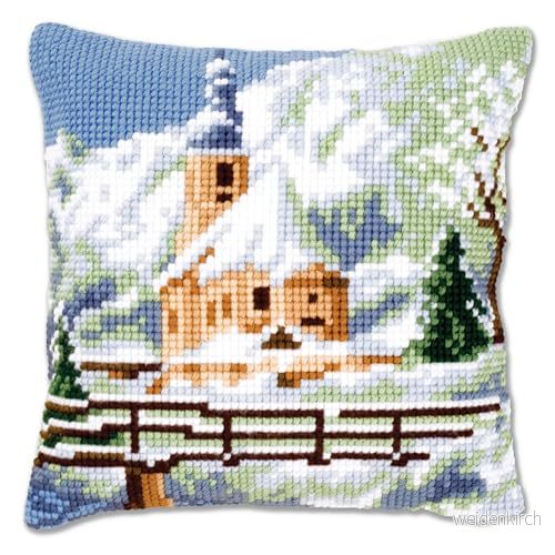 Vervaco kyrka i snön korskudde/stickkudde förtryckt, bomull, flerfärgad, 40 x 0,3 cm 5413480248087