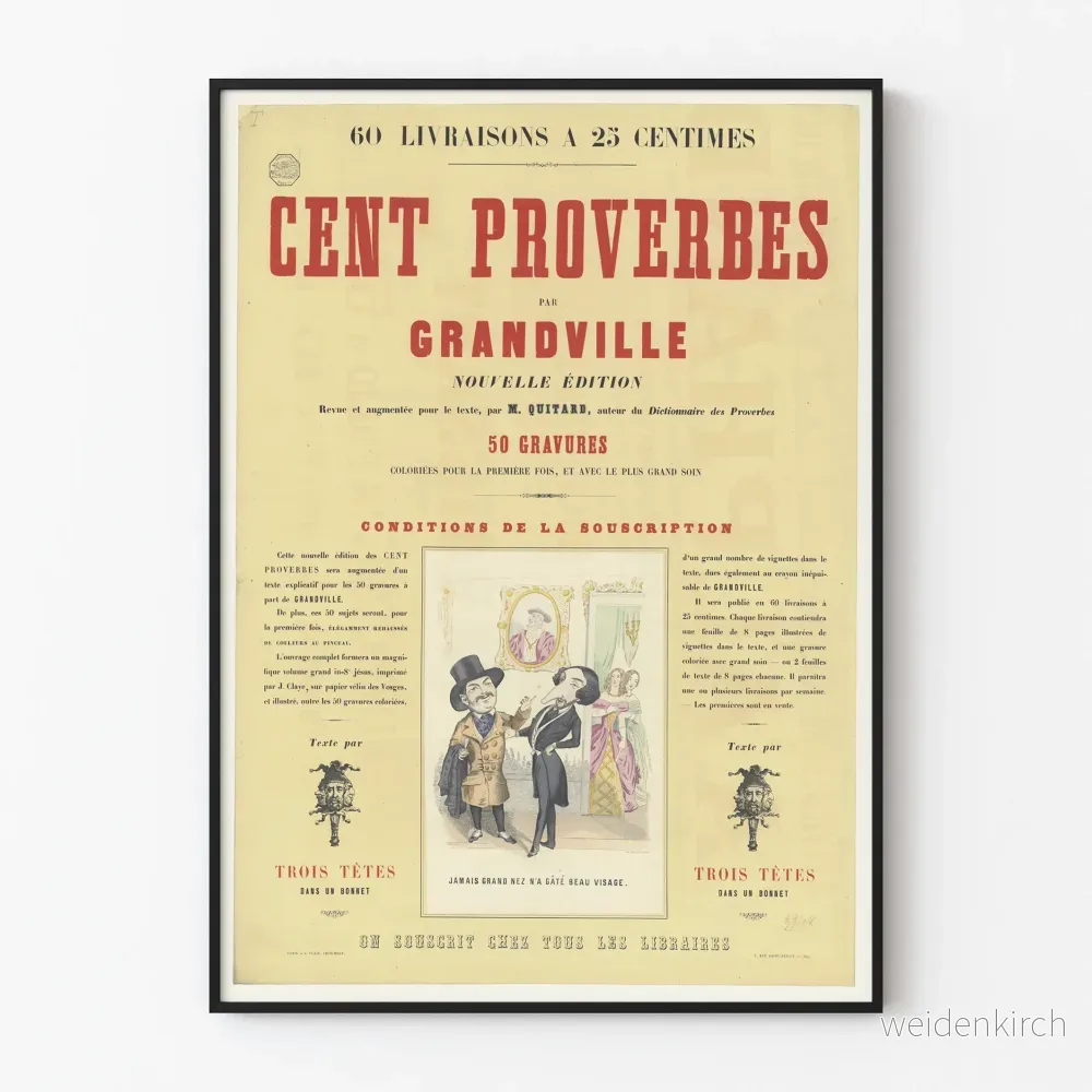 Vintageposter Cent Proverbes av Grandville, färggraverier