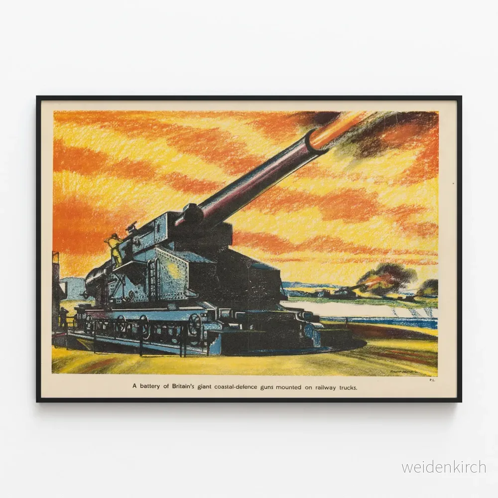 Art Déco-Poster av brittiska kustförsvarskanon på järnvägsspår