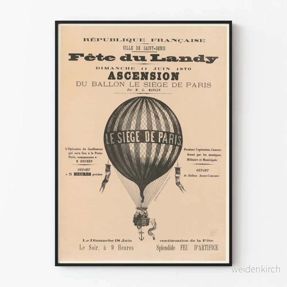 Gammal poster från Landy-festen 1876, ballonguppstigning, Paris belägring