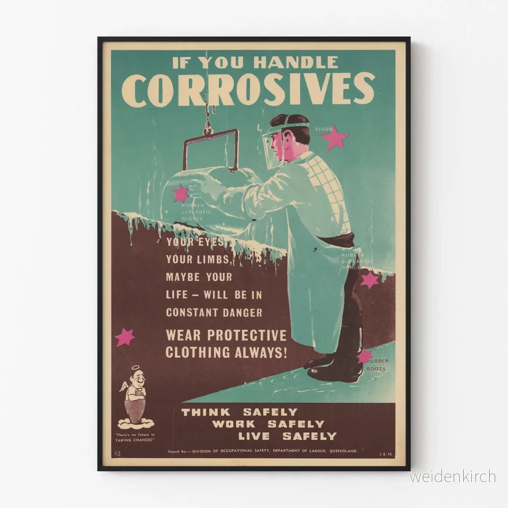 Vintage affisch för arbetsmiljösäkerhet: Hantering av frätande produkter Vintage affisch för arbetsmiljösäkerhet: Hantering av frätande produkter