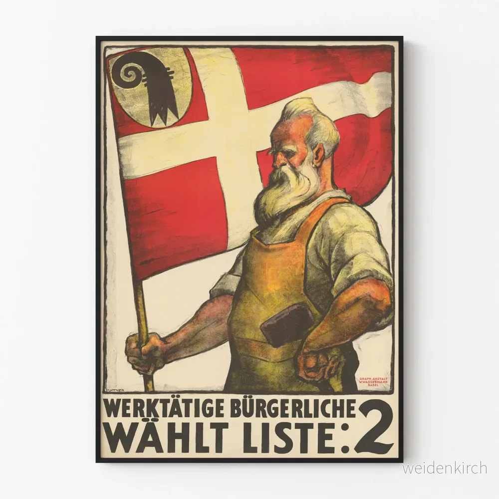 Vintage propagandaposter med arbetare och flagga