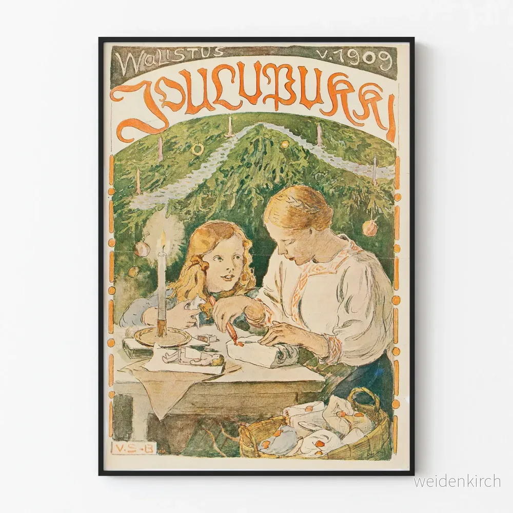 Vintageposter av mor och barn som förbereder julklappar