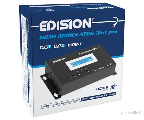 EDISION HDMI modulator 3 i 1 pro, till kabel DVB C, markbunden T eller ISDB T, full HD distribution via koaxial, loop, RF IN, LCD skärm, snabb konfiguration, plug and play 5200378403334