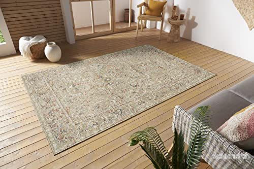 Nouristan Sues orientalisk matta för inomhus och utomhusbruk kort lugg vintage använd look tvättbar väderbeständig UV resistent balkong, terrass, trädgård, vardagsrum kräm, 4262377773215