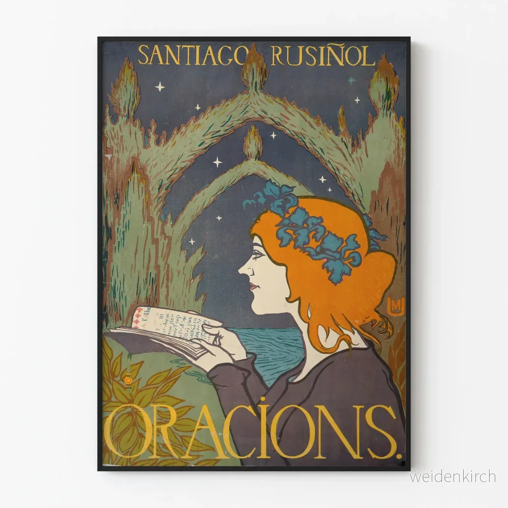 Vintage dekorativ poster med orationer, kvinnoprofil och öppen bok