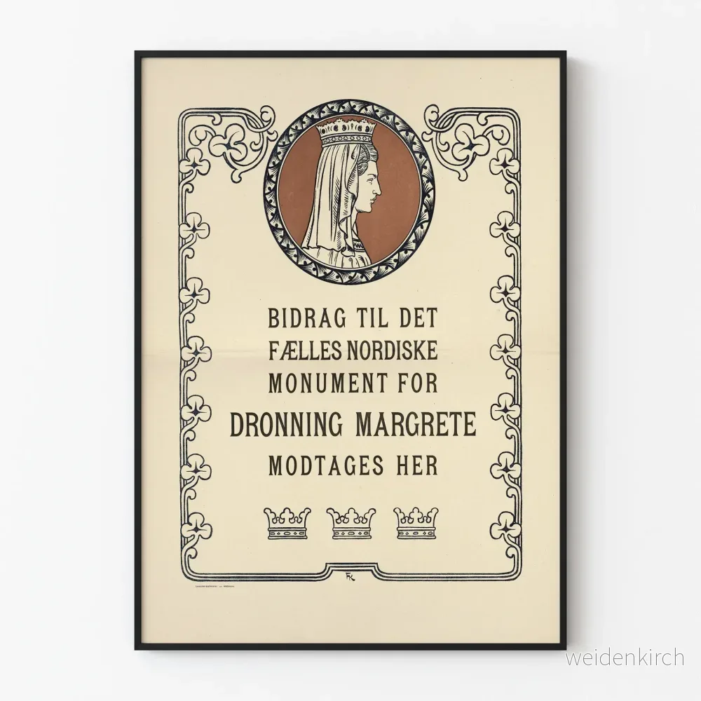 Vintageillustrerad poster av drottning Margrete och nordisk hyllning