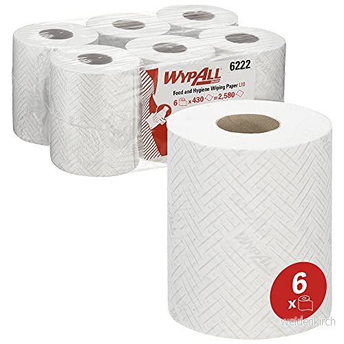 WypAll Rengöringsmedel L10 hygien och matytor 6222 1 tjocklek, 6 spolar med central avloppsledning x 430 ark (totalt 2 580 ark), idealisk för torrrengöring 5027375051586