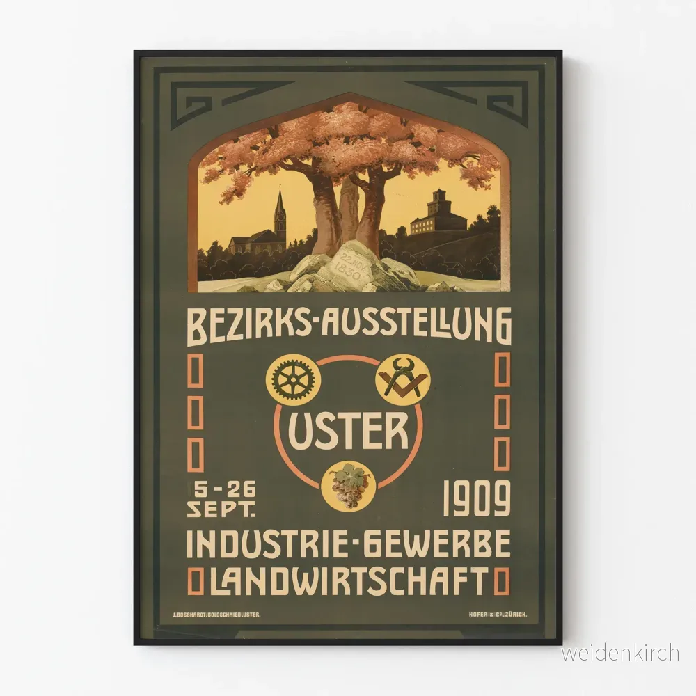 Vintageaffisch för industriell och jordbruksexposition i Uster 1909