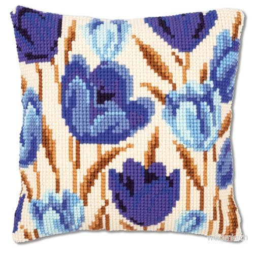 Vervaco blå tulpen korskudde/stickkudde förtryckt, bomull, flerfärgad, 40 x 0,3 cm 5413480369072