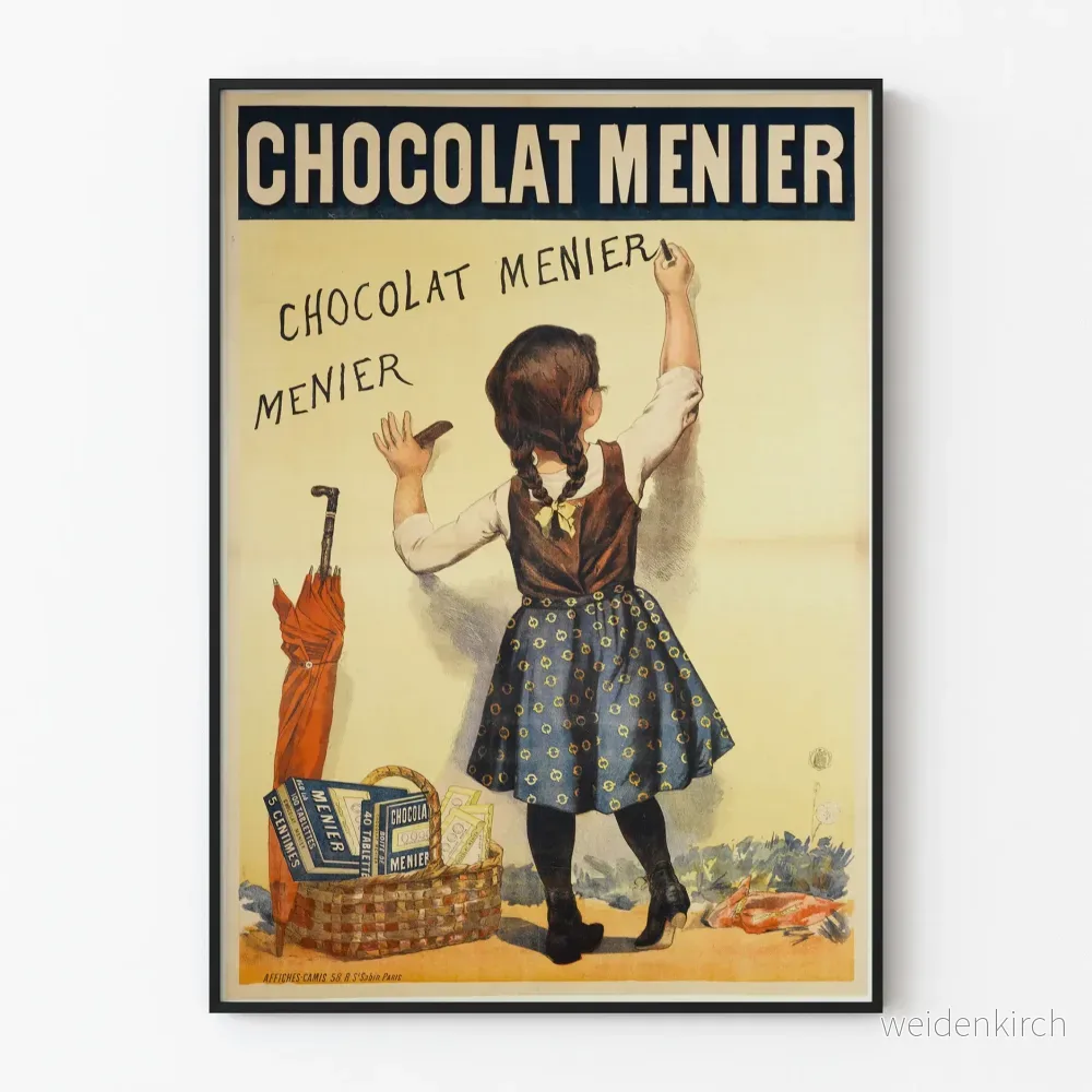 Vintage reklamposter för choklad Menier med liten flicka som skriver på tavlan