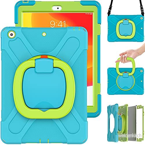 Commute Fodral för iPad mini6, tungt, stabilt, stötsäkert barnfodral med skärmskydd, 3 i 1 stötsäker stötfångare 360 ringhållare, stativ, bärrem (ljusblå + grön) 755985021723