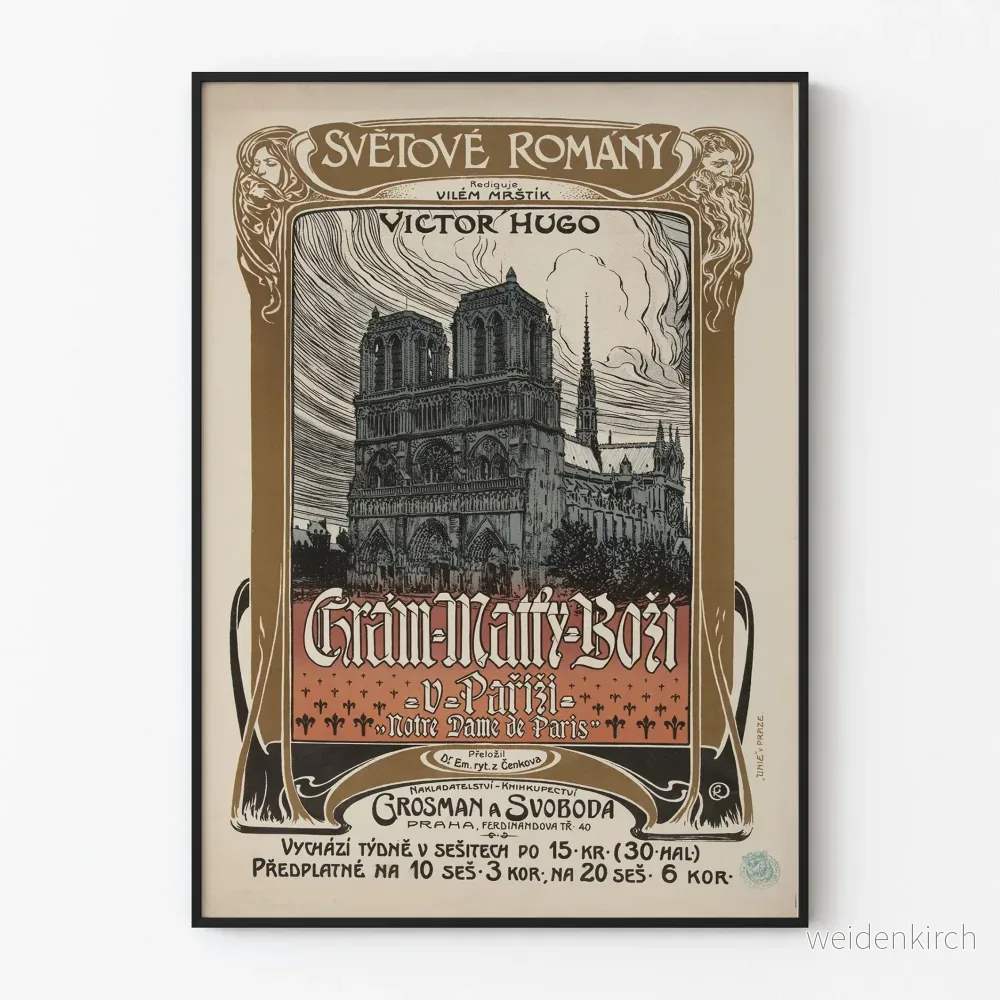 Vintageaffisch från tjeckisk bokhandel Notre-Dame de Paris