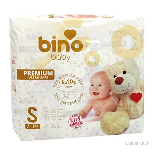 Bino Baby Premium blöjor storlek S, för barn 38 kg (inklusive 60 stycken, extra absorberande och andas, lång torrhet tillförlitligt läckageskydd, hälsovådliga material) 8594180973916