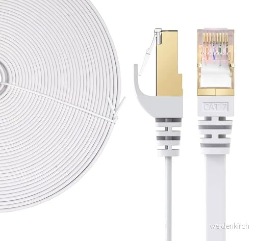 Elfcam® 5 m LAN kabel nätverkskabel katt 7 Ethernet med förgylld RJ45 kontakt platt och tunn, 100% koppar styv installationskabel, STP, 32 AWG, vit (5 m) 3701528703639