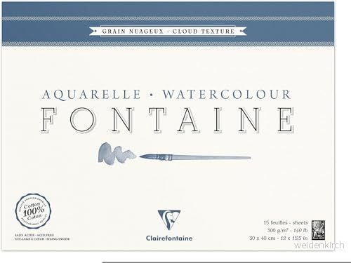 Clairefontaine Ref 96422C FonMolntextur akvarell limmad dyna (15 ark) 30 x 40 cm storlek, 300 gsm papper lämplig för akvarellkonst 3329680964226