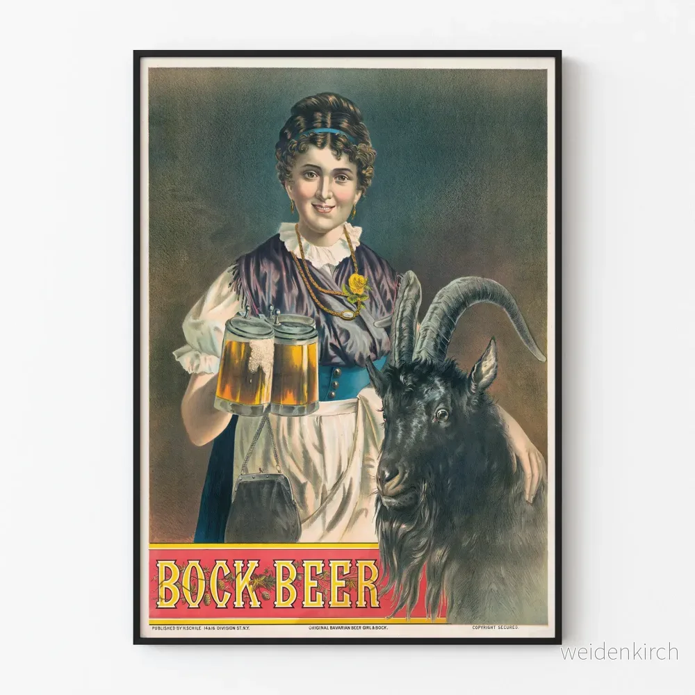 Vintageposter Bock Beer med bayersk kvinna och get