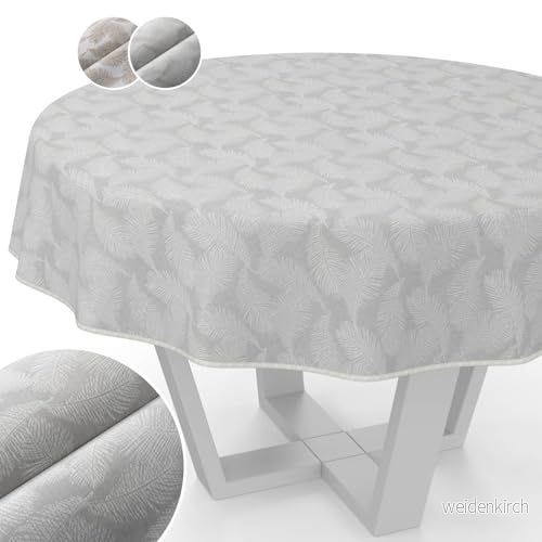 Bordsduk tyg, tvättbar, Lurex bordsduk, teflonbelagd, lätt att rengöra lotuseffekt smuts och vattenavvisande katat, blommiga blad, rund, 140 cm med fåll (kantad silver 4059064938480