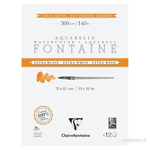 Clairefontaine 976022C 4 sidor extra vitt fontän limmat block 12 ark akvarellpapper 100% satinkorn i bomull professionell kvalitet 31 x 41 cm 300 g 3329689760225