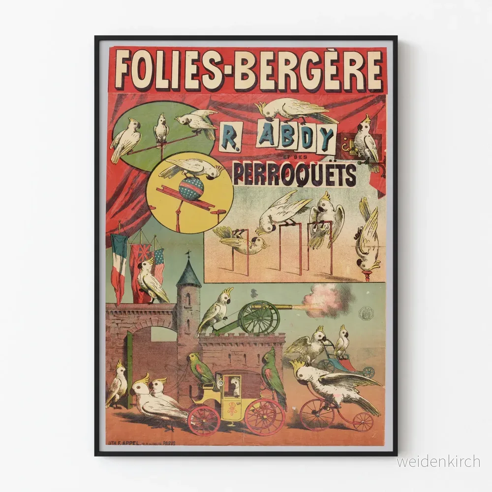 Vintageposter Folies Bergère R. Abdy och hans papegojor
