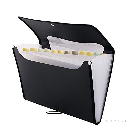 D.RECT 110541 5590 fackmapp utbyggbar bärbar mapp dokumentmapp, runt elastiskt band med stängningsknapp, för hem, skola och arbetsresor 12 fack A4 svart 5902308718906