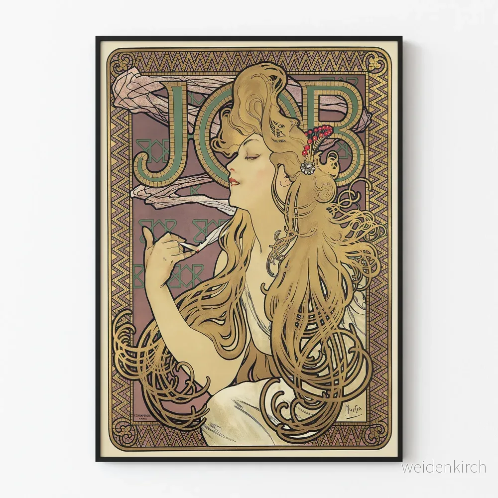 Dekorativ Art Nouveau-poster med stiliserad kvinna och guldmotiver Dekorativ Art Nouveau-poster med stiliserad kvinna och guldmotiver