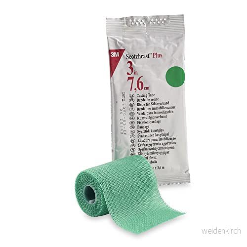 3 m Scotchcast Plus, lätt, stabil, ventilerande, vattenaktiverbart stödbandage av glasfiber, grön, storlek 7,5 cm x 3,65 m, förpackning med 10 stycken. 637390807874