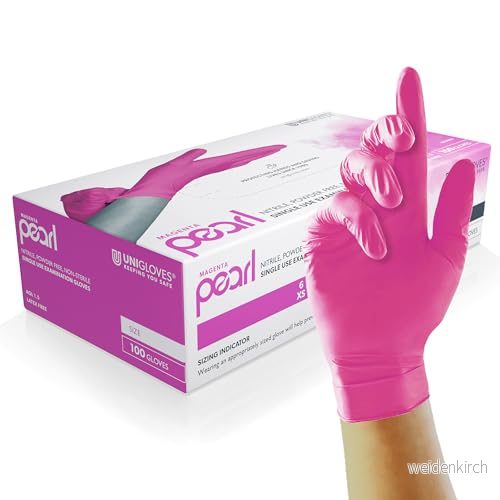 UNIGLOVES Magenta Pearl Nitrilundersökningshandskar för alla ändamål, puderfria och latexfria engångshandskar, låda med 100 handskar, magenta, stor (GP8504) 4260314398774