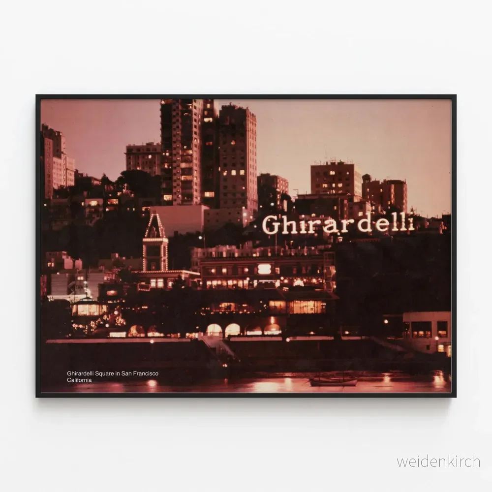 Vintageposter av Ghirardelli Square i San Francisco vid skymningen