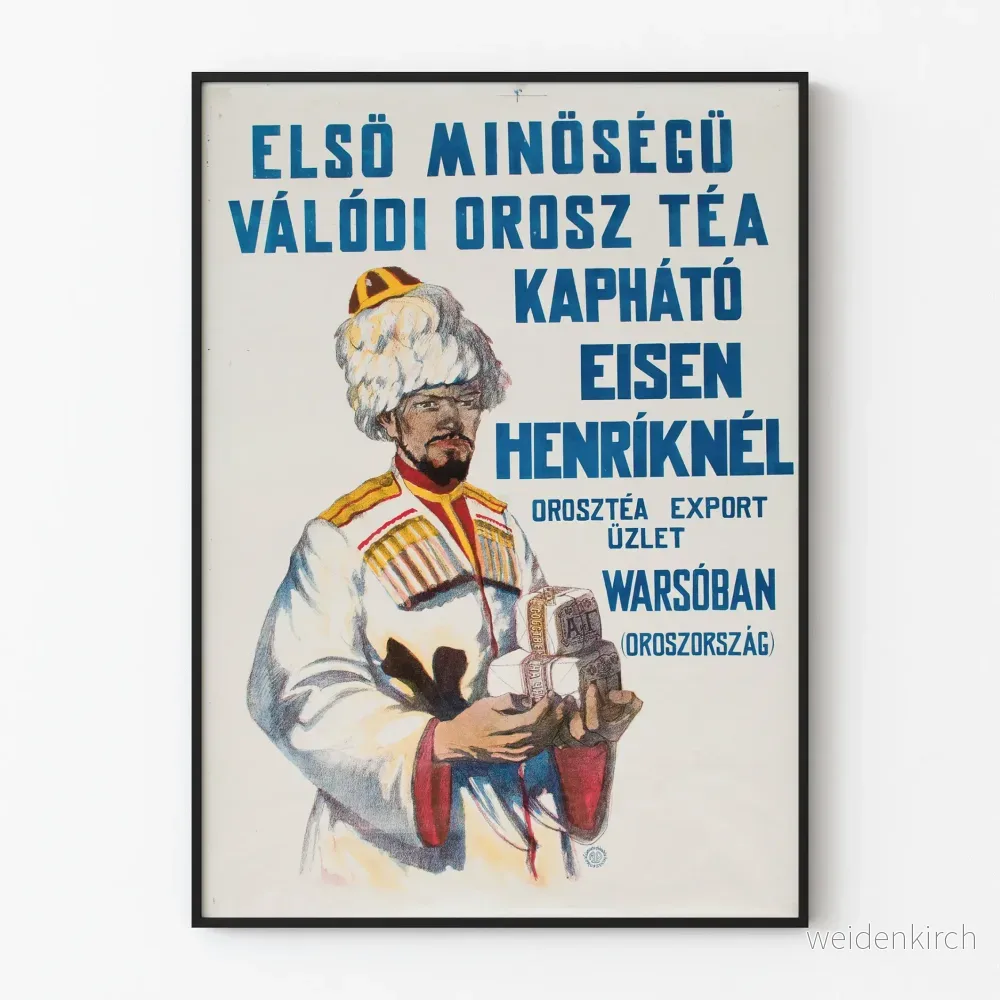 Vintageposter med rysk hund som föreställer en man i traditionell dräkt med te