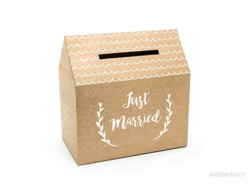 Presentask 'Just Married' kraftpapper 30,5 cm x 1 styck för bröllop brun vit natur bröllopsdekoration kortlåda 5902230795440