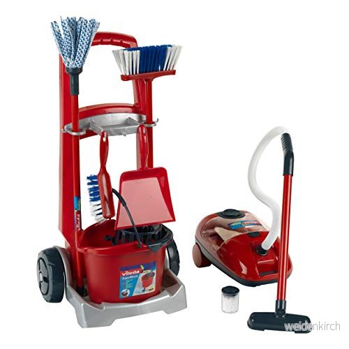 Theo Klein 6742 Vileda städvagn Utrustad med sopkvast, skurmopp, hink och mycket annat Batteridriven dammsugare sug ljudfunktion Mått: 29 cm x 24 60 Leksak för barn från 3 år 4009847030382