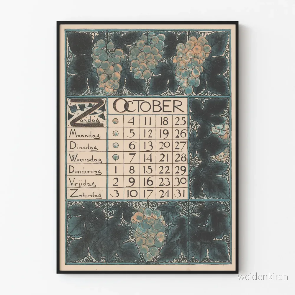 Vintage kalenderposter för oktober 1896 med vinranka-dekoration