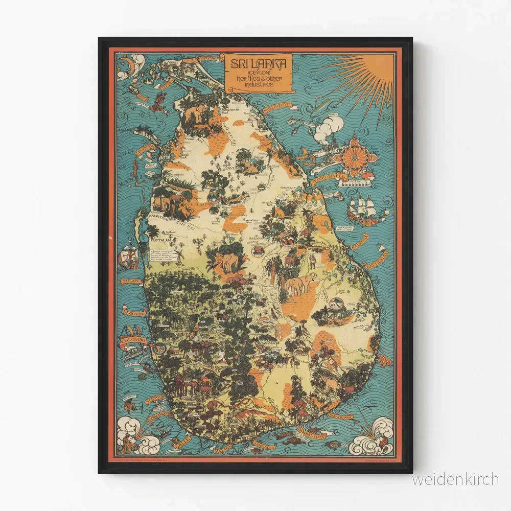 Vintage kartografisk poster Sri Lanka Ceylon te och industrier