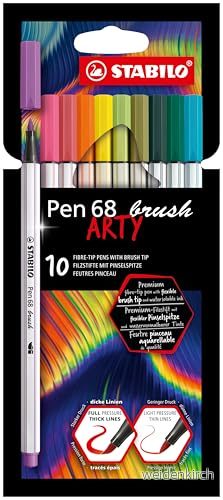 Premium filtpenna med penselspets för variabla linjetjocklekar STABILO Pen 68 brush ARTY 10 pack olika färger 4006381584111