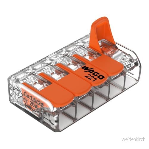 WAGO anslutningsklämmor 221415 5 polig, upp till 4 mm², COMPACT kabelkontakt med spak för alla ledartyper över hela världen, bekräftad användningssäkerhet, 8 stycken 4066966001679