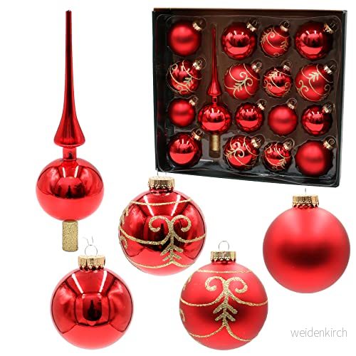 Dekohelden24 Lauschaer Julgransdekoration uppsättning med 1 kulor inklusive trädspets av glas, handdekorerad, röd matt och glänsande, 6,7, gyllene krona, 8 cm 4250905179783