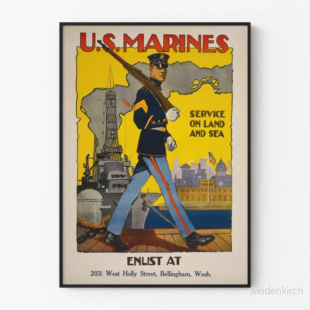 Vintageposter för U.S. Marines tjänst på land och hav