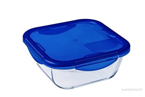 Pyrex Cook & Go fyrkantig multifunktionspanna med hermetiskt lock, transparent och blå, 21 x 8 cm, 1,9 L 3426470275095