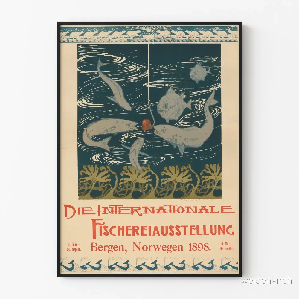 Vintageposter för den internationella fiskutställningen i Bergen 1898