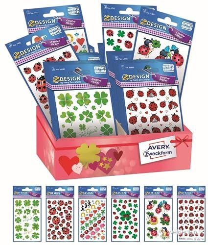 Avery España 48634 Sortiment 60 Dekorativa Lycka Amulette Klistermärken S, på Glitter Papper, 6 Olika Fantasier, i Kartong Utställning 4004182486344