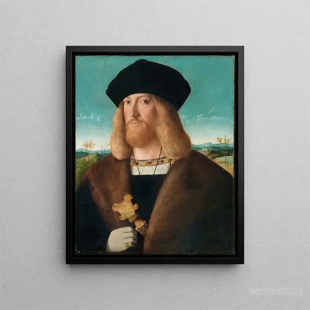 Målning av en skäggig man i halvlångt hår, iklädd en pälsfodrad kappa och hållande en dolk. En landskapsbild därefter – Bartolomeo Veneto | Konsttryck